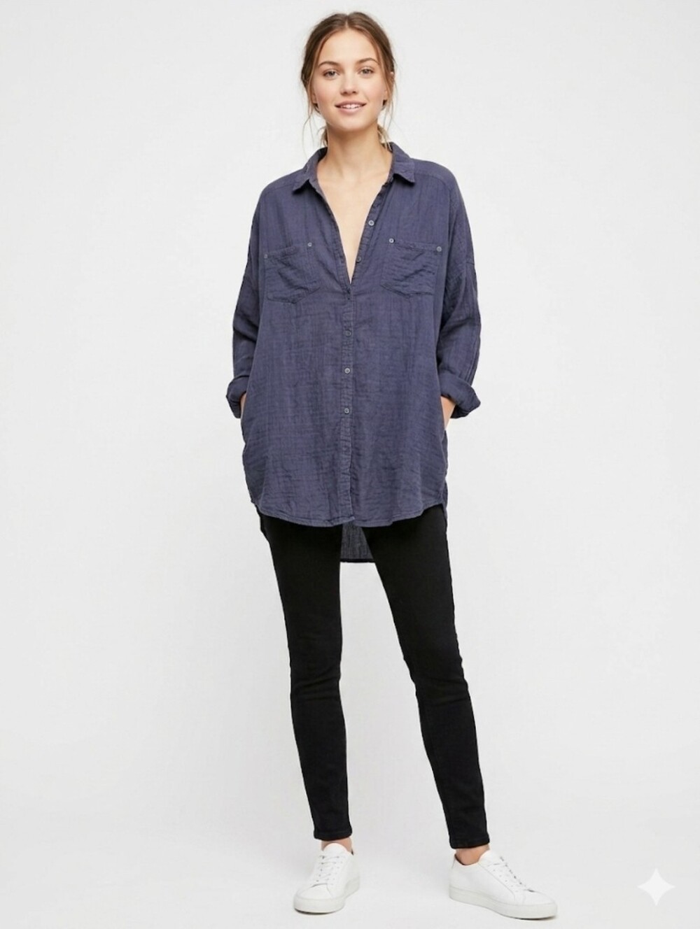 Free People Oversized Navy Button-Down Shirt Size S